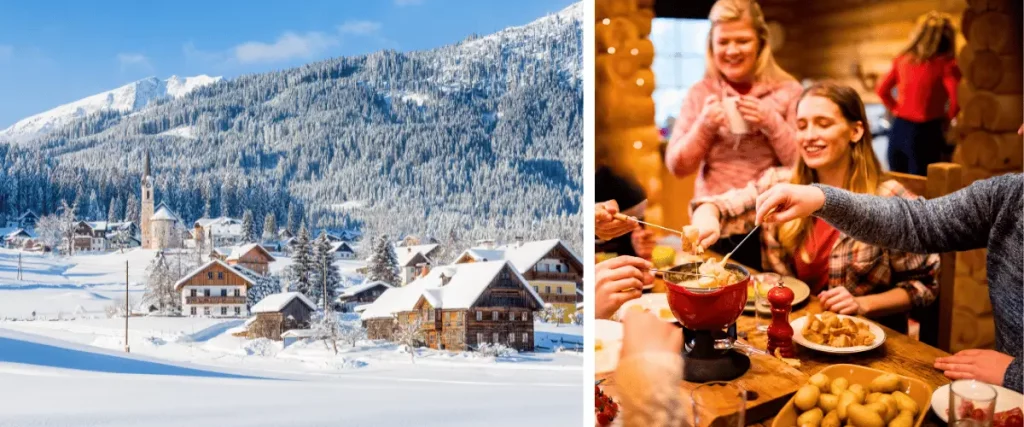 2 images illustrant un village montagnard sous la neige et une soirée fondue conviviale entre collègues