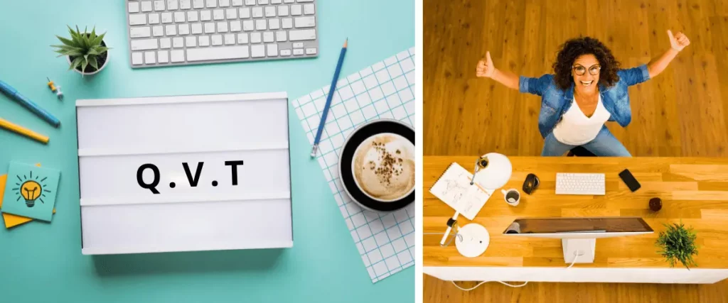 2 images pour illustrer les événements QVT (une personne heureuse au travail et une lightbox sur un bureau avec l'affichage QVT)