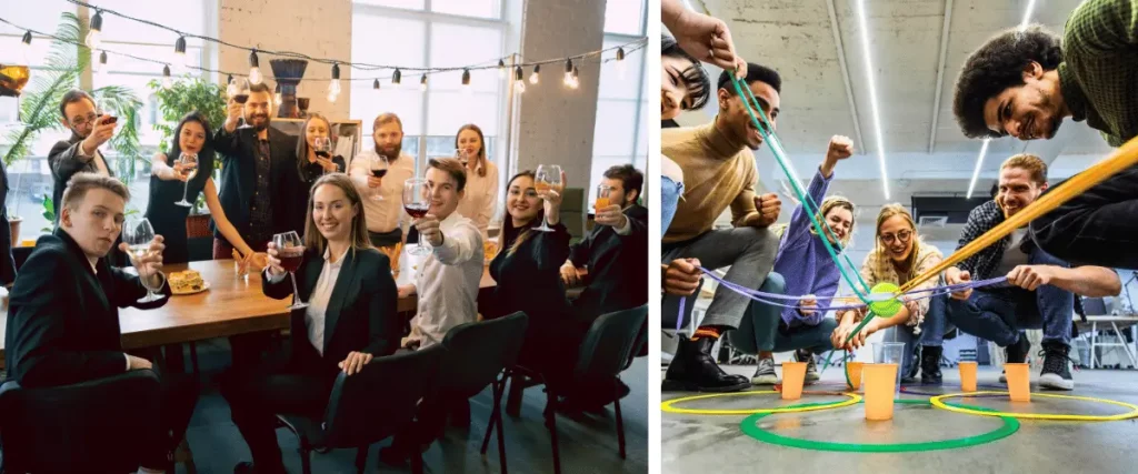 2 photos sur les événements d'entreprise : une photo montrant des collègues à un afterwork et une autre montrant des collègues à un team building