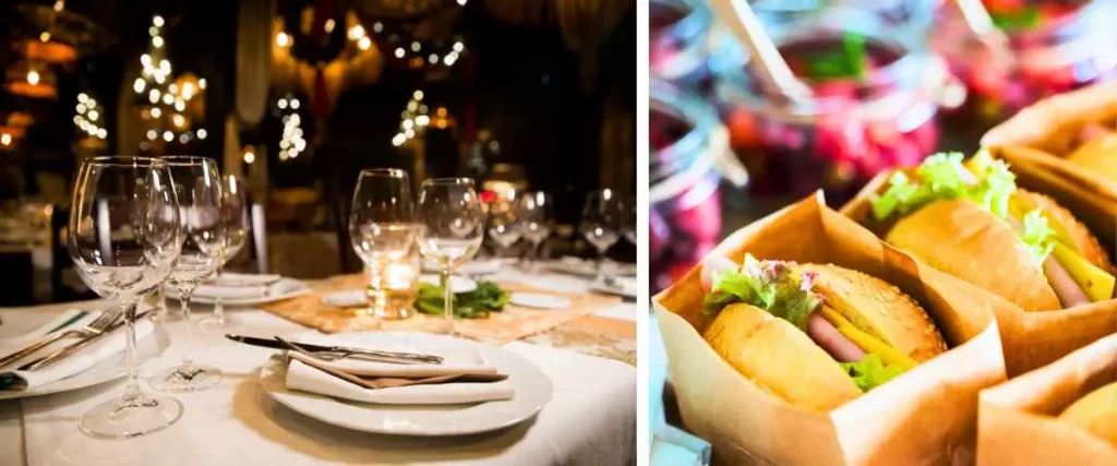 Exemples de repas éco-responsables pour événements : table élégante et options de restauration durable en format individuel.