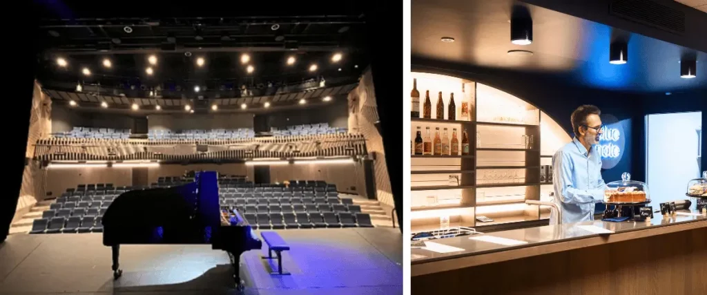 Vue depuis la scène de la salle de spectacle de La Cité Bleue à Genève et espace du Blue Note Café, équipé pour accueillir des événements corporate.