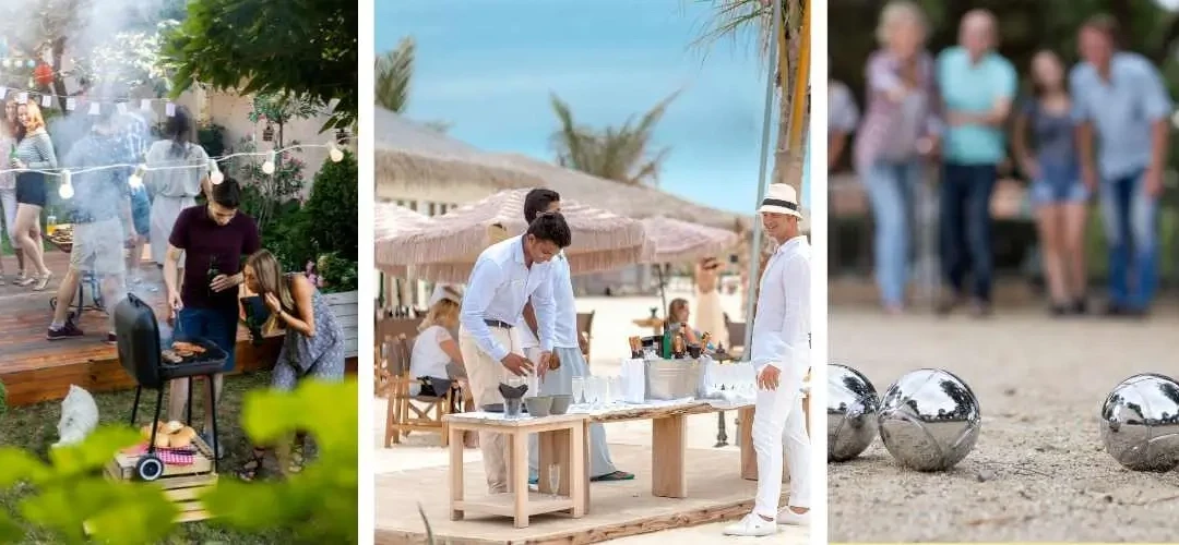 3 images pour illustrer les soirées d'été d'entreprise (un barbecue entre collègues, un cocktail sur une plage et une partie de pétanque)