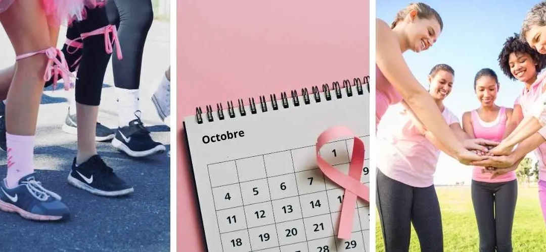 image 1 = jambes de coureuses avec un ruban rose pour symboliser octobre rose / image 2 : calendrier ouvert à la page octobre avec un ruban rose pour symboliser octobre rose / image 3 : 5 collaboratrices en tenue de sport rose réunissant leurs mains pour symboliser leur action pour octobre rose